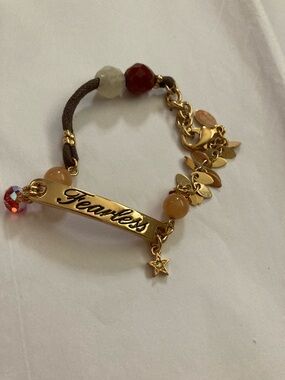 Kirks Folly FEARLESS HEART Gold Bar Bracelet with Red/Tan beads lobster closure